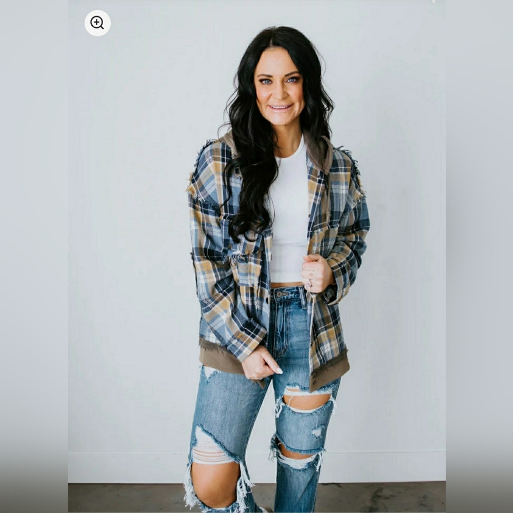POL Hooded Plaid Shacket in Blue and Tan